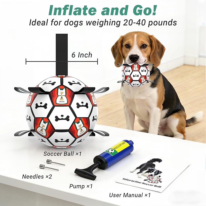 Dog Toy Balls, Dog Soccer Ball with Straps, Interactive World Cup Soccer Ball for Medium Dogs, Water Fetch Toys, Tug-of-War, Herding Ball Toys Outdoor, Dog Birthday Toy, Black (6 Inch)