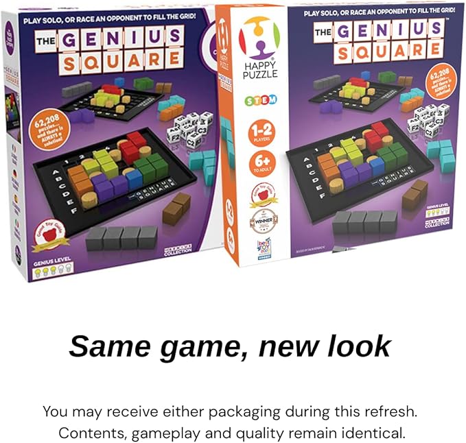 The Genius Square from The Happy Puzzle Company – Game of The Year Award Winner, 60000+ Solutions STEM Puzzle Game. Roll Dice, Race Your Opponent to Fill Grid with Different Shapes!