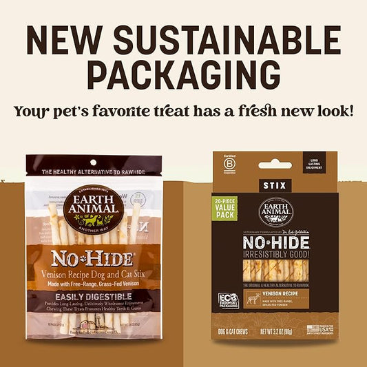 Earth Animal No Hide Stix - Long Lasting Rawhide Free Small Dog Chews Sticks, Venison - 20 Count Value Pack