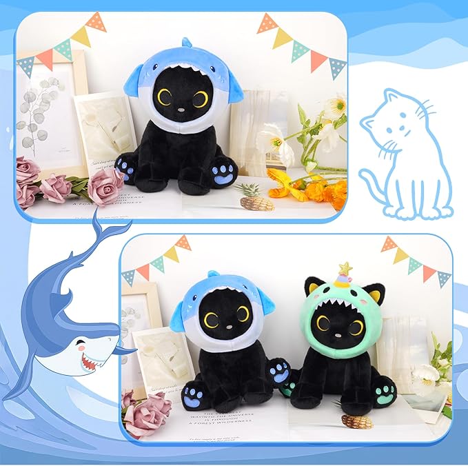 Shark Plush Stuffed Cat, 8inches Black Cat Plush with Blue Shark Hood Removable, Cute Plushies Kawaii Cat Stuffed Animal Doll Toy Valentines Day Gifts for Kids Boys Girl