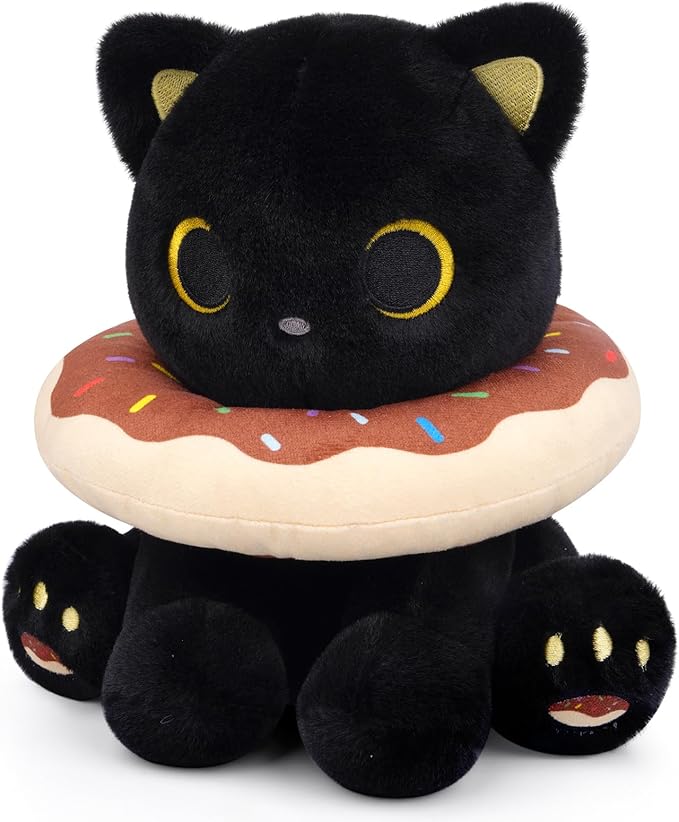 Black Cat Plush, 8inch Donut Black Cat Stuffed Animal Cute Plushies Toys for Girls Boys, Kawaii Kitten Plushie for Kids Adult, Birthday
