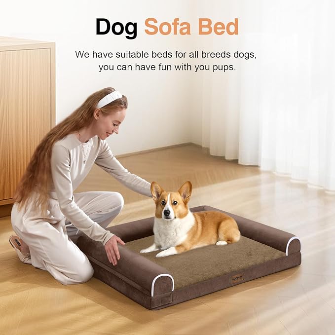 NANUYA Orthopedic Dog Bed for Small Dogs, 24 x 16 Inch, Brown | Egg crate foam for joint support, 3-sided bolster pet sofa, waterproof lining, washable cover, and non-skid base