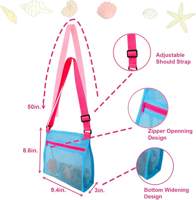 MUYIZI Beach Mesh Shovel with Mesh Beach Bag for Shell Collecting, Kids Sand Sifter for The Beaches,Shell Scooper for Beaches,Shark Tooth Sifter Dipper,Sea Shell Bags for Kids,Sand Toys (Bright Pink)