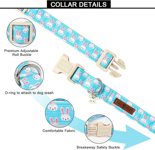 Lionet Paws Easter Dog Collar- Cute Bunny Blue Dog Collars with Plastic Buckle, Light Adjustable Dogs Collars with Rabbit Pendant for Small Medium Dogs