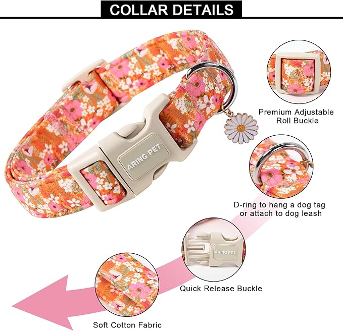 ARING PET Spring Summer Dog Collar, Cute Daisy Wildflower Floral Blossom Pet Collars for Small Medium Large Girl Dogs-M Size