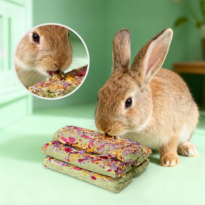 Abizoo 10pcs Timothy Hay & Alfalfa Chew Toys - Natural Crunchy Treats with Wheat Calendula Rose High Fiber for Teeth Care & Digestive Health for Bunnies, Guinea Pigs, Hamsters, Chinchillas, Gerbils