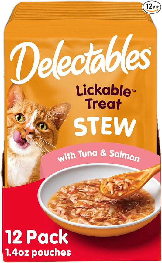 Delectables Lickable Treat Stew Wet Cat Treat with Real Tuna & Salmon, Food Topper, Hydrating, Grain-Free, No Fillers, No By-Products, No Added Preservatives, 1.4oz Pouch, 12ct