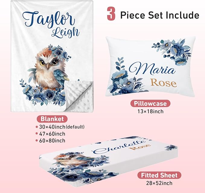 Personalized Crib Bedding Set for Baby Boy Girl, Custom Name Owl Design 3 Piece Baby Bedding Set, Including Plush Blanket, Fitted Sheet and Pillowcase for Newborn Nursery Gift