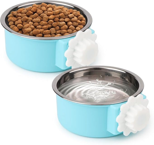 Hypeety Dog Crate Water Bowl No Spill - Hanging Attachable Pet Bowls for Kennel Durable Stainless Steel Food Water Dishes for Small Dogs Cats Rabbits Parrots with Non-Slip Base (Blue 2pcs)