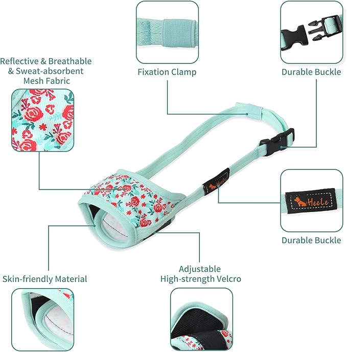 HEELE Dog Muzzle,Soft Nylon Muzzle Anti Biting Barking Chewing,Air Mesh Breathable Drinkable Adjustable Loop Pets Muzzle for Small Medium Large Dogs 4 Colors 4 Sizes (P-Cyan Flower, XS)