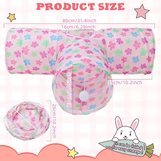 BWOGUE Bunny Tunnels & Tubes Collapsible 3 Way Bunny Hideout Small Animal Activity Tunnel Toys for Dwarf Rabbits Guinea Pigs Kitty