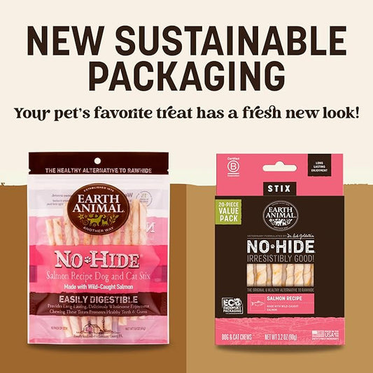 Earth Animal No Hide Stix - Long Lasting Rawhide Free Small Dog Chews Sticks, Salmon - 40 Count Extra Value Pack