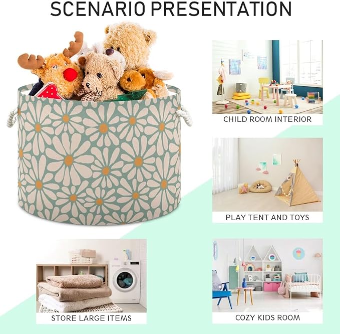 Daisy Flower Print Round Storage Basket Retro Groovy Floral Large Laundry Hamper Boho 20 x 20 x 14 Inches Organizer Bin with Handles Clothes Storage Bag for Nursery Bedroom Living Room Decor