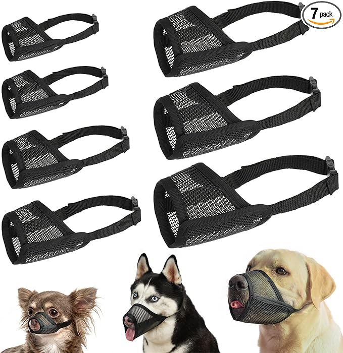 LUCKYPAW Dog Muzzle Suits for Small Medium Large Dogs, Mesh Muzzle Anti Biting Chewing, Breathable Mouth Cover Set with Adjustable Strap for Grooming Vet Visiting Training, 7 PCS(XXS-XXL), Black