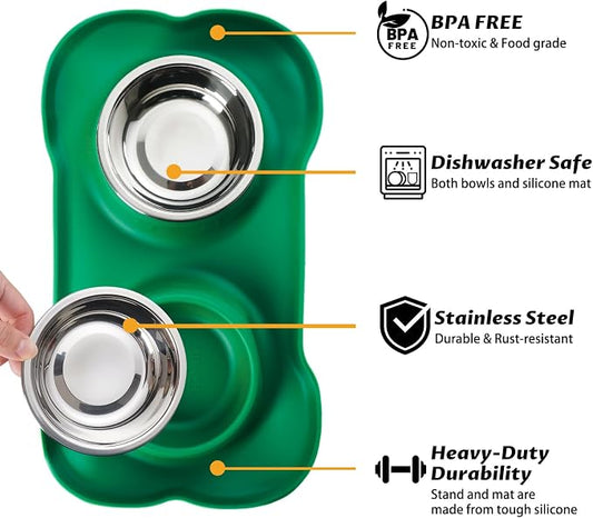 Hubulk Pet Dog Bowls 2 Stainless Steel Dog Bowl with No Spill Non-Skid Silicone Mat + Pet Food Scoop Water and Food Feeder Bowls for Feeding Small Medium Large Dogs Cats Puppies (Small, Hunter Green)