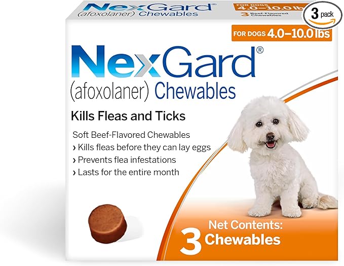 NexGard® (afoxolaner) Flea and Tick Protection for Dogs Oral Soft Beef Flavored Chewables, 4 to 10 lbs. (Orange Box) 3 Chews (3 Month Supply)