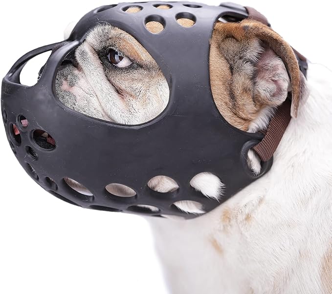 BARKLESS Dog Muzzle for Short Snout, Soft English Bulldog Muzzle for Biting, Chewing, Licking, Flat-Faced Bulldog Mouth Guard for Aggressive Dogs Grooming Walking, Allows Drinking