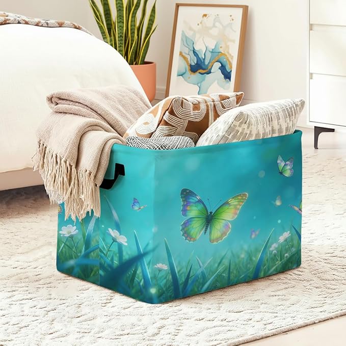 56L Butterflies Laundry Basket Clothes Hamper with Handles,Foldable Blanket Storage Large Laundry Hamper with Waterproof PE,Toy Storage Bin Organizer,Cube Clothes Organizer,Home Decor