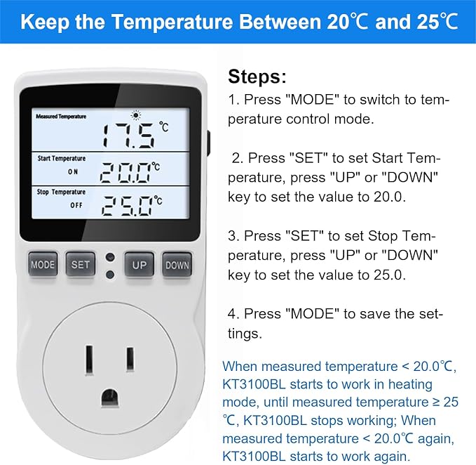 KETOTEK Digital Temperature Controller Thermostat Outlet Plug 120V with LCD Backlight, Heating Cooling Temperature Controlled Outlet 110V 15A with 3m Sensor