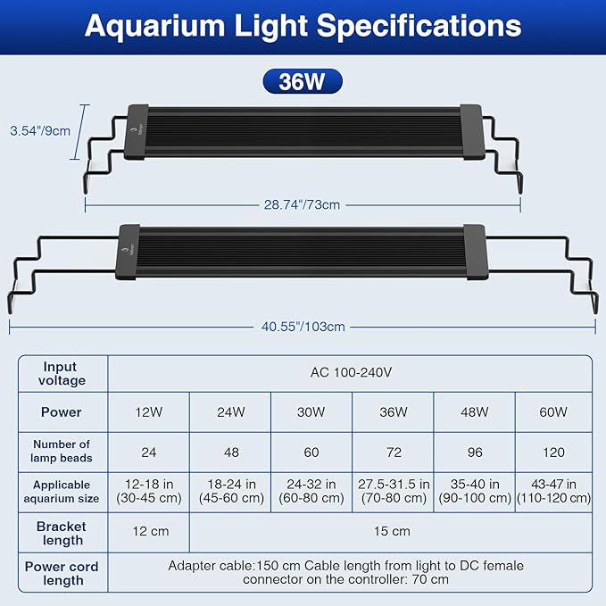 fishkeeper Aquarium Light, LED Fish Tank Lights with Auto Time Sync & 24/7, IP68 Waterproof Extendable Bracket DIY Full Sprctrum Aquarium Plant Lights with Timer/Dimming, Memory Function for 32-40inch