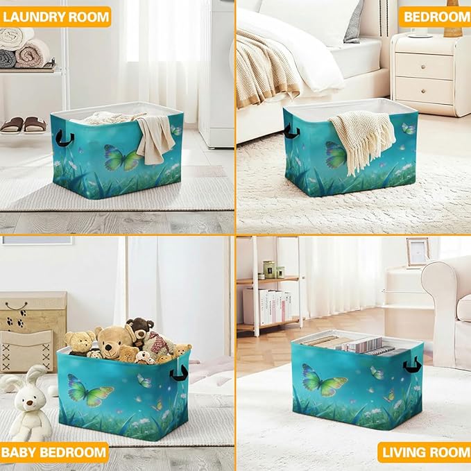 56L Butterflies Laundry Basket Clothes Hamper with Handles,Foldable Blanket Storage Large Laundry Hamper with Waterproof PE,Toy Storage Bin Organizer,Cube Clothes Organizer,Home Decor
