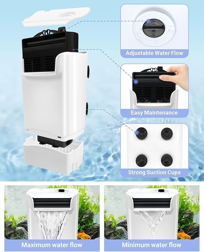 GOZILLA 265GPH Turtle Tank Filter,16W High Flow-Rate Adjustable Turtle Filter Fish Tank Filter, Silent Waterfall Aquarium Filter for Low Water Level Tank from 30 to 55 GAL.(White)