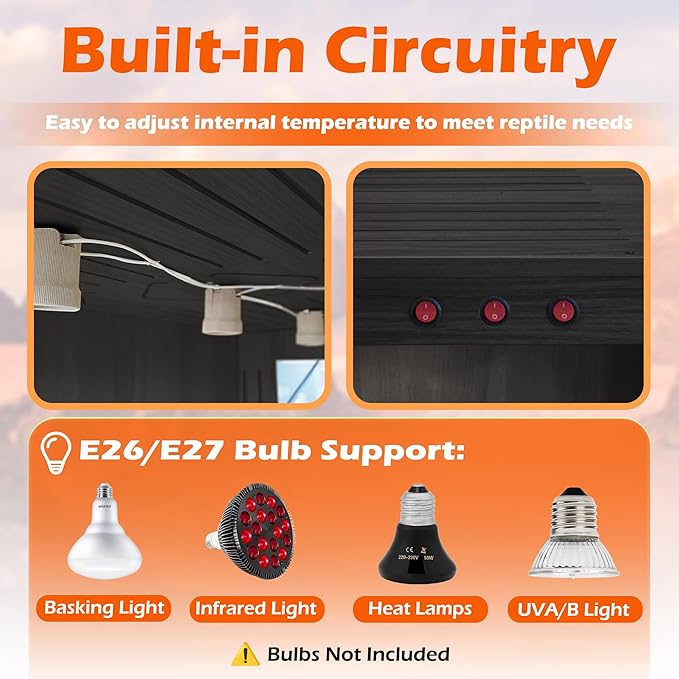 ROYXEN Reptile Tank, 64 Gallons Reptile Enclosure with Lockable Design, Tempered Glass Bearded Dragon Tank for Lizard Habitat, Soild Wood Built-in Sockets (Black, 39.5"x19.5"x19.5")
