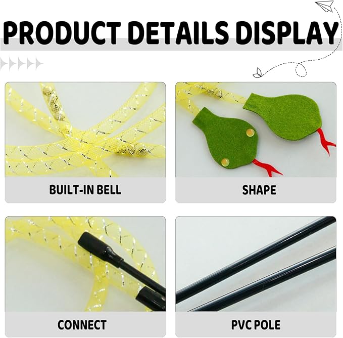 Cat Teaser Wand Toy for Indoor Cats, Cute Mesh Snake & Crinkle Plush Fabric Kitten Wand Kitty Toys Interactive Play Chase Exercise Wand String Toys Cat Toys for All Breed Sizes (Yellow,14.57+30.7inch)