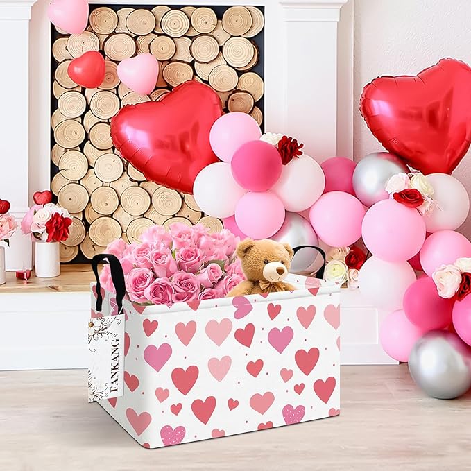 Storage Bins,Nursery Hamper Canvas Laundry Basket Foldable with Waterproof PE Coating Storage Baskets for Boys and Girls, Office, Bedroom, Clothes,Toys(Rec-Colorful hearts ）