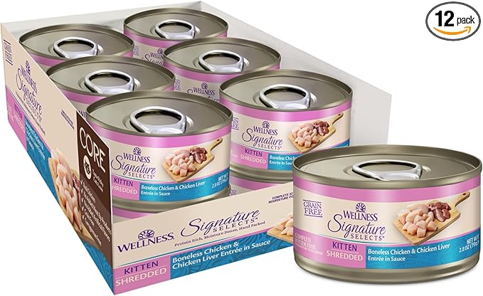 Wellness CORE Signature Selects Shredded Kitten Canned Wet Cat Food, Natural, Protein Rich, Grain Free, Chicken Entrée Recipe, 5.3 oz, Pack of 12 Cans