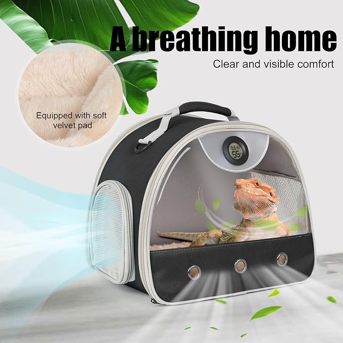 Bearded Dragon Travel Backpack Carrier with Reptile Thermometer and Humidity Gauge Lizard Travel Cage Space Capsule Clear Bubble Window Astronaut Reptile Bag for Ball Python (Black, Carrier)