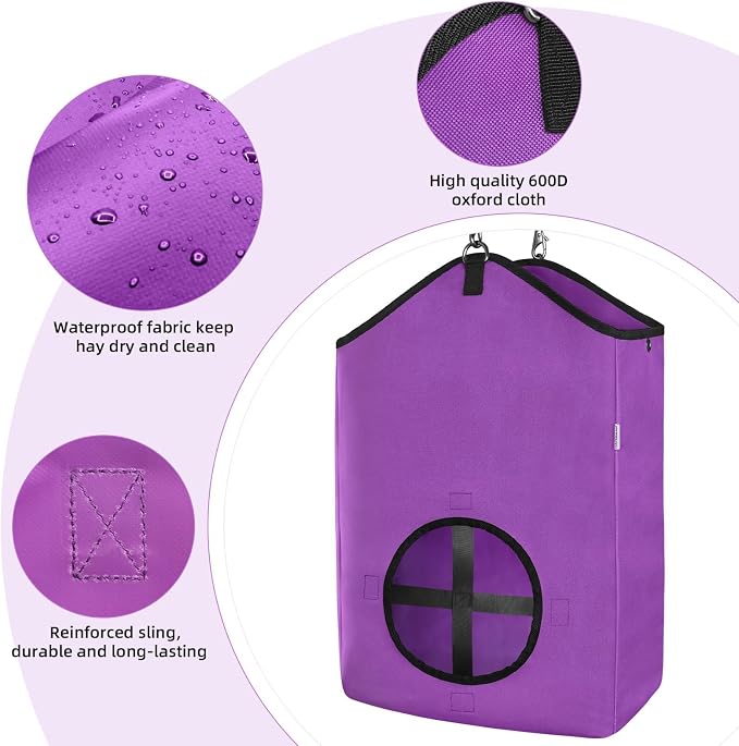 Hay Bags,Slow Feed Hay Bags for Horses,Goats,Donkeys with Reinforced Oxford Fabric and High Strength Metal Clasp,Horse Feeding Supplies with Strap for Easy Hanging (1 Purple)