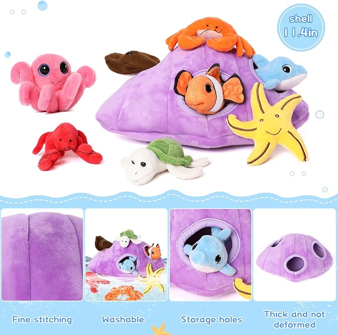 Muiteiur Ocean Sea Stuffed Animals Set,9 Piece Fun Seashell House Plush Set, Soft Educational Toy for Imaginative Play, for Kids Babies