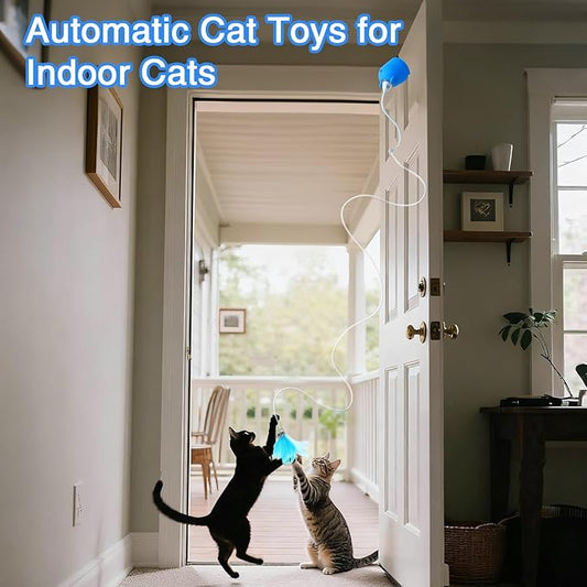 Cat Toys Interactive for Indoor Cats, Rechargeable Toy Hanging Door Electric with 4pcs Feathers Toys for Bored Kittens (Blue)