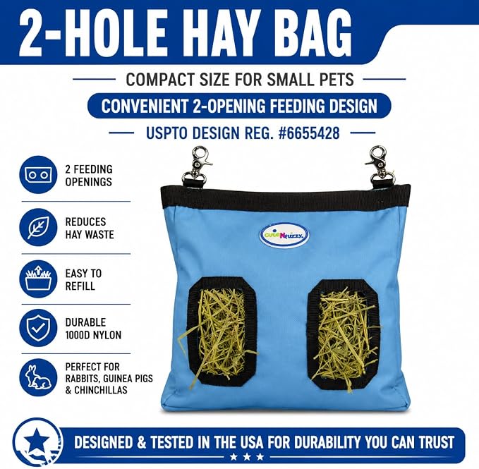 2-Opening Hay Bag for Rabbits, Guinea Pigs & Chinchillas, Compact Hanging Hay Feeder, 9" x 11" x 1.5", Helps Reduce Hay Waste & Cage Mess, 6-Month Warranty (Green, 9" x 11" x 1.5")