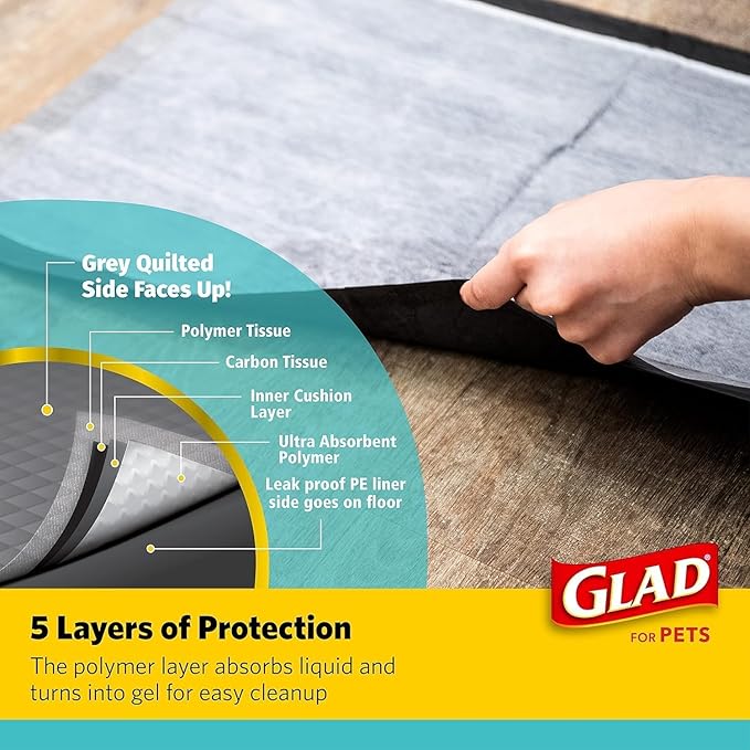 Glad for Pets Black Charcoal Puppy Pads, 120 Count, 17.5 x 23.5 Inch, Charcoal Odor Neutralizing, Super Absorbent, Leak-Resistant Edges, Pheromone Attractant, Disposable - 2 Pack