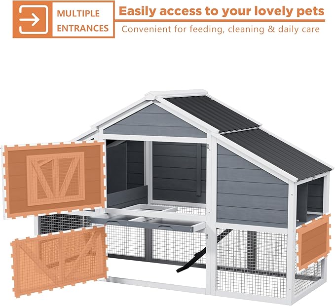 Large Duck Coop Outdoor with Run, Weatherproof 4-6 Chickens Hen House with Nesting Boxes, Wooden Rabbit Hutch Poultry Bunny Cage, Removable Tray for Easy Cleaning in Grey with White