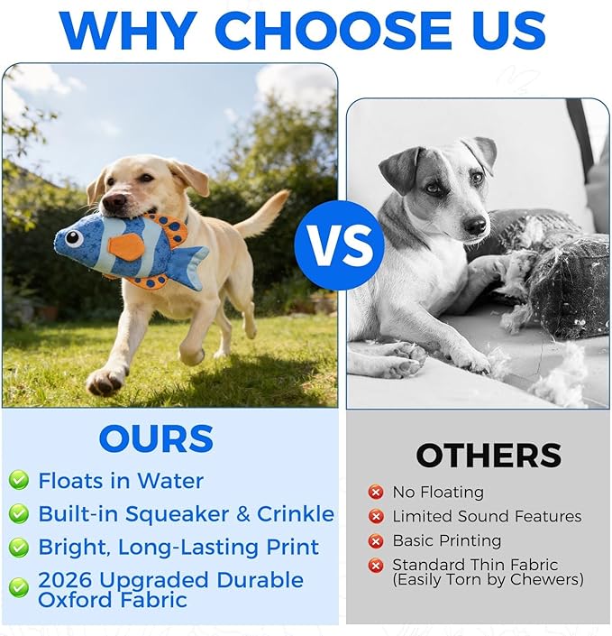 BINGPET Floating Dog Toys, 2 Pack Durable Squeaky Fish Water Toy for Pool Beach Outdoor Interactive Fetch, Oxford Fabric Summer Swimming Pool Toys for Small Medium Large Dogs