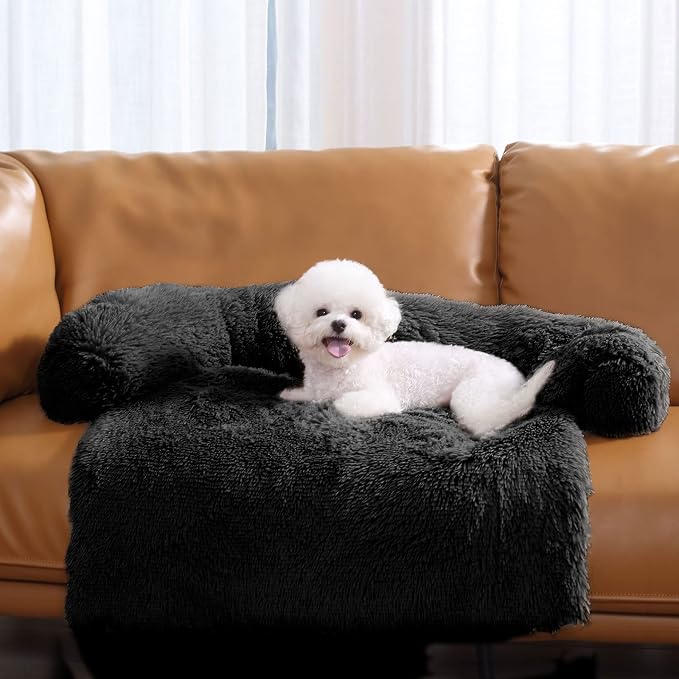 HACHIKITTY Calming Pet Sofa Bed Mat, Washable Fluffy Couch Cover for Dogs and Cats, Anti-Slip Bottom (40"x 38"x 6", Black)