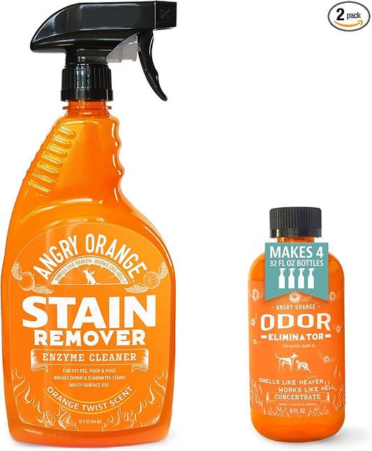 ANGRY ORANGE Pet Stain and Odor Remover - 2 Spray Pack - 32 oz Dog, Ferret, Rabbit & Cat Urine Enzyme Cleaner - 8 oz Strong Pet Odor Eliminator Concentrate - For Pee on Carpet, Furniture, Tile, Wood