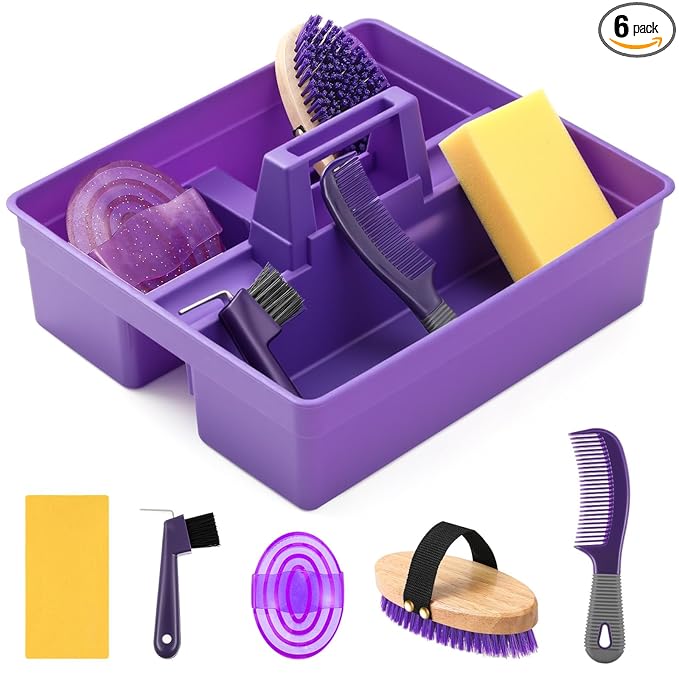 Abbylike Horse Grooming Kit with Tote Bag, 6-Piece Horse Care Set with Brush, Comb & Hoof Pick, Portable Grooming Supplies Organizer(Purple)