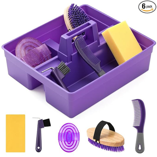 Abbylike Horse Grooming Kit with Tote Bag, 6-Piece Horse Care Set with Brush, Comb & Hoof Pick, Portable Grooming Supplies Organizer(Purple)