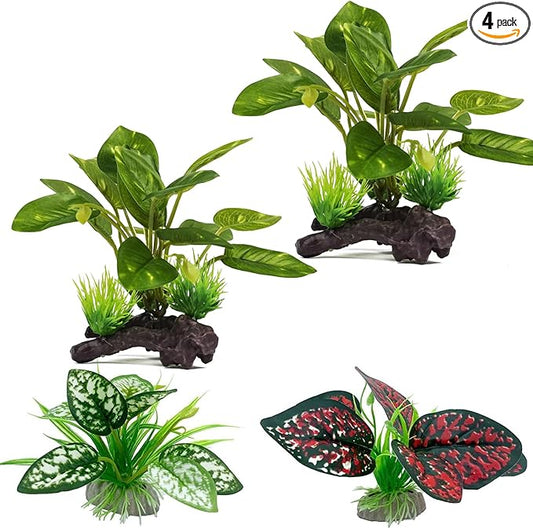 Moonorange Reptile Artificial Plants, Terrarium Plants Decorations Supplies, Aquarium Fish Tank Plant, Amphibian Habitat Hideout Tank Accessories(M Set-4pcs/E)