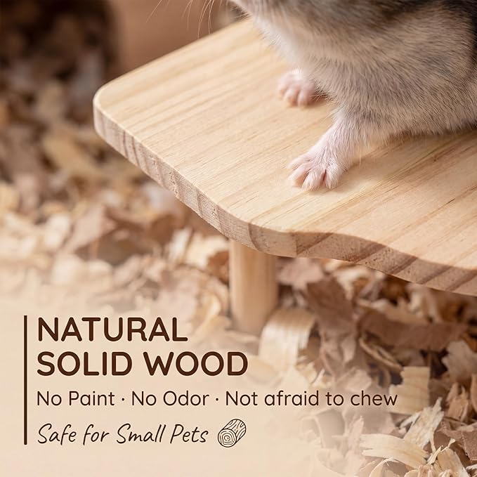 4 PCS Natural Wood Hamster Cage Accessories Set, Multi-Level Habitat Decor with Cloud Hideout, Climbing Ladder & Standing Platforms, Exercise Playground for Syrian Hamsters, Gerbils, Mice (B)