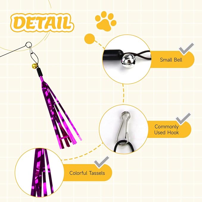 Andiker 7Pcs Cat Wand Toy, Cat Toy Set with 1 Long Steel Wand, 1 Double Headed Hook & 5 Crinkle Teaser Refills Stimulate Hunting Instincts Interactive Cat Toys for Indoor Cats and Kittens (Thin)