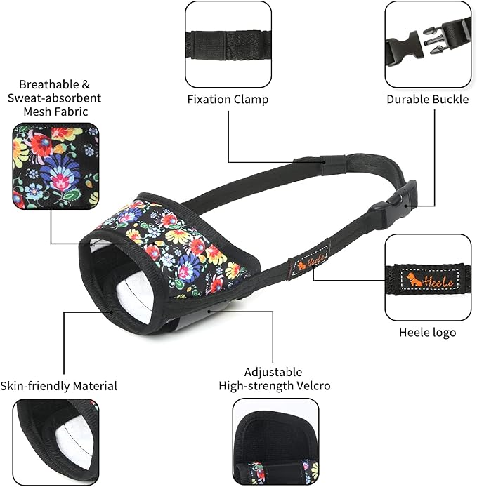 HEELE Dog Muzzle,Soft Nylon Muzzle Anti Biting Barking Chewing,Air Mesh Breathable Drinkable Adjustable Loop Pets Muzzle for Small Medium Large Dogs 4 Colors 4 Sizes (P-Black Sunflower, L)