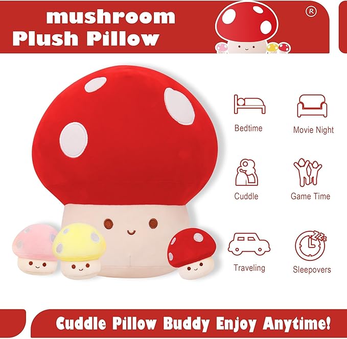 WeBingo Mushroom Plush Pillow 4-Piece, 12 Inch Large Mushroom Decor Stuffed Animal Plushies Stuffy with 3 Babies for Girl Boy Kid Adult, Big Jumbo Soft Toy Gift for Birthday Christmas Valentine's Day