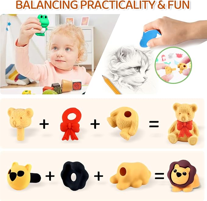 URSKYTOUS 131Pcs Animal Erasers Desk Pets for Kids Animal Pencil Erasers Bulk Puzzle Eraser Toys Gifts for Classroom Prizes,Game Reward,Treasure Box,Easter Egg Fillers,Goodie Bag Stuffer,Party Favors