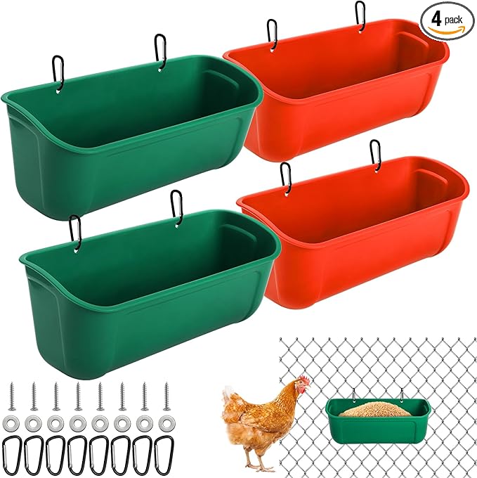 Cedilis 4 Pack Hanging Duck Feeder, Chicken Fence Feed Trough with Clips, Poultry Livestock Food Water Feeding Container for Goat, Goose, Rabbits, Sheep, Each Feeder 2.5 Quarts