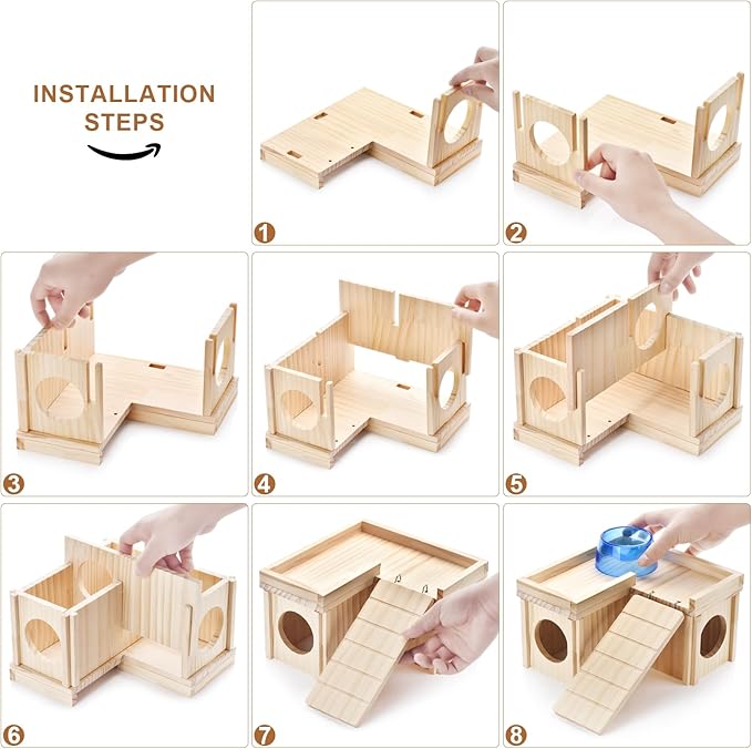 Wooden Hamster Hiding Place with Hamster Bowl Ladder and Detachable Platform, Suitable for Small Pets, Perfect for Hamsters, Rats, sandmice, mice and Other Small Animals